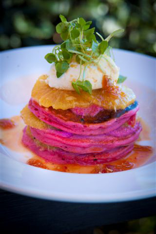 Buttermilk Beetroot Pancakes with orange, macadamia and goat’s curd