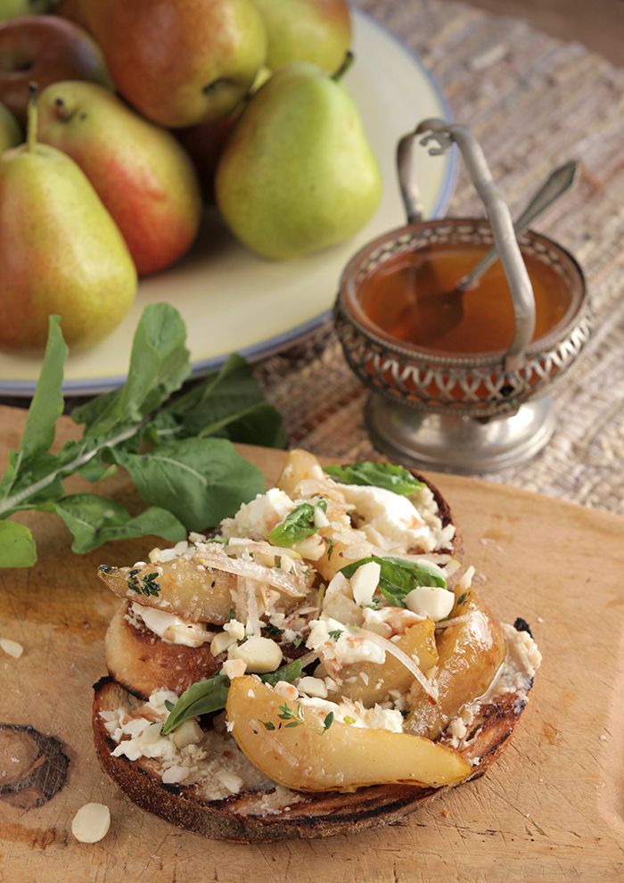 Duck Creek Bruschetta  with Macadamia Honey, Char-Grilled Pear and Goats Cheese