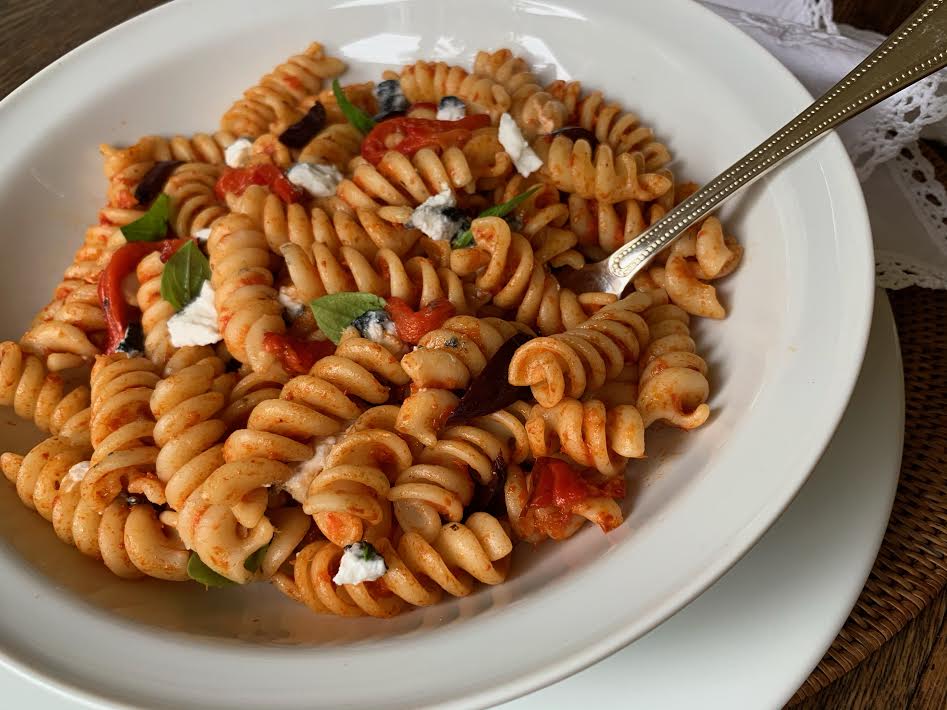 Fusilli with Red Capsicum Sauce, Goats Cheese and Olives