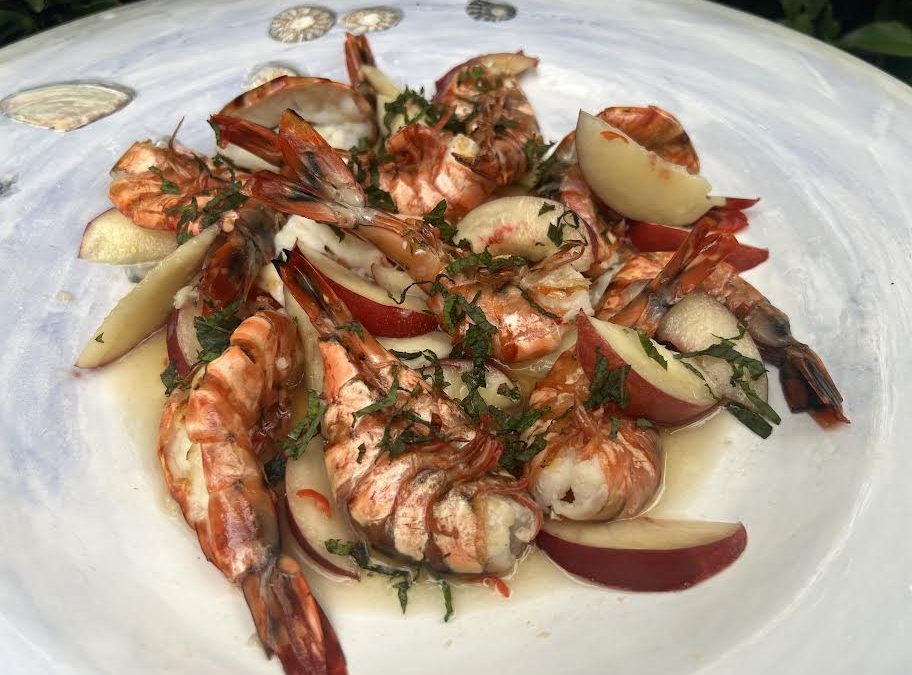 Char-Grilled Prawns with White Nectarines and Chilli Salsa