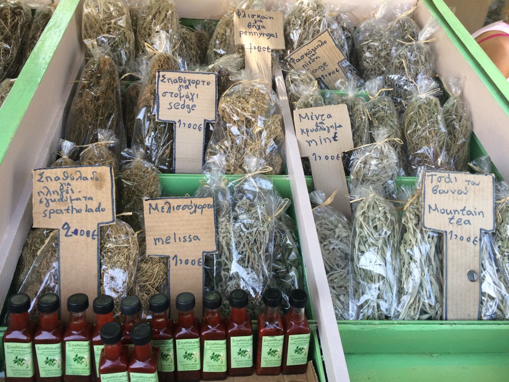 Dried mountain herbs for sale at the Sunday market in Agiassos