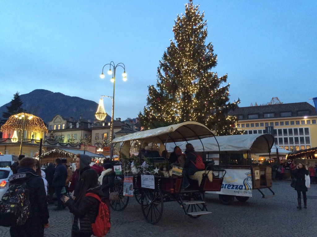 The Bolzano Christmas tree from another angle with horse-drawn carriages below