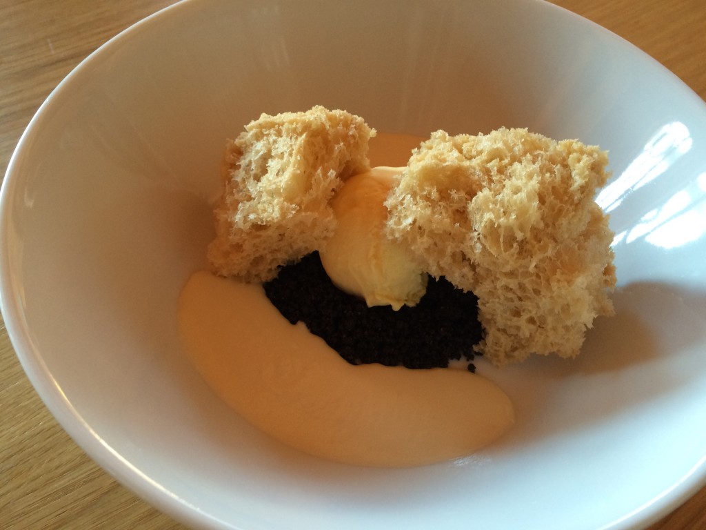 Truffle ice cream on a bed of 'soil'  and a pool of white chocolate/jerusalem artichoke puree with hazelnut sponge